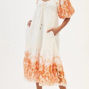 Anthropologie White and Orange Midi Dress